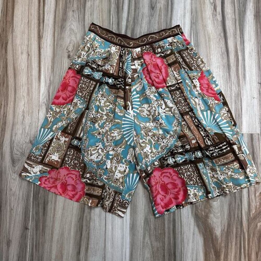 VTG Worth Shorts 100%‎ Silk High Waisted Pleated SZ 8 All over Print Boho Retro